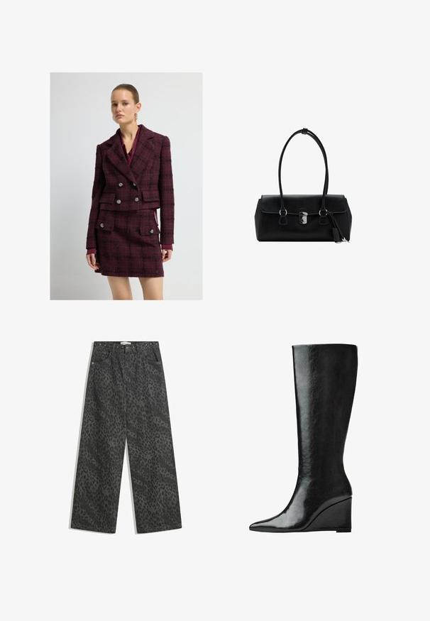 Weinrotes Karo-Blazer- und Rock-Set aus strukturierter Stoffqualität mit doppelreihiger Vorderseite und silberfarbenen Knopfdetails. Mit Kragen.; Schwarz langärmliges Shirt mit weitem Ausschnitt, aus weichem Stoff gefertigt, mit einer taillierten Passform und minimalen Nähten.; Schwarze Denim-Breite-Hosen mit einem subtilen Leopardenmuster, Metallnietenakzenten am Bund und klassischem Fünf-Taschen-Design.; Knöchelhohe schwarze Lederstiefel mit schlanker, spitzer Zehenform und Wedge-Absatz. Die Oberfläche ist glatt mit einem glänzenden Finish.; Schwarze Lederhandtasche mit glatter Textur, strukturiertem Design, doppelten Griffen und einem silbernen Verschlussdetail in der Mitte.