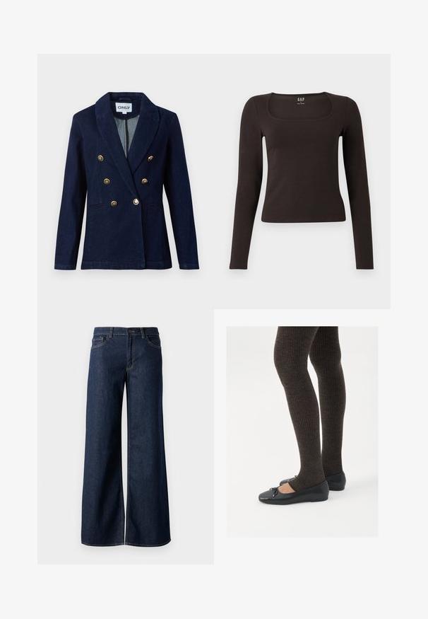 Blazer croisé bleu marine avec des boutons dorés, un col cranté et deux poches avant. Fabriqué en denim lisse.; Haut noir à manches longues, ajusté, avec un décolleté carré, étiqueté GAP, affiché sur un fond blanc.; Jean large en denim bleu foncé. Présente des coutures contrastées, cinq poches et une fermeture par bouton à la taille. Texture lisse.; Chaussures plates noires avec un petit nœud au niveau des orteils, associées à des collants côtelés marron foncé. Les chaussures ont une texture lisse et un profil bas.