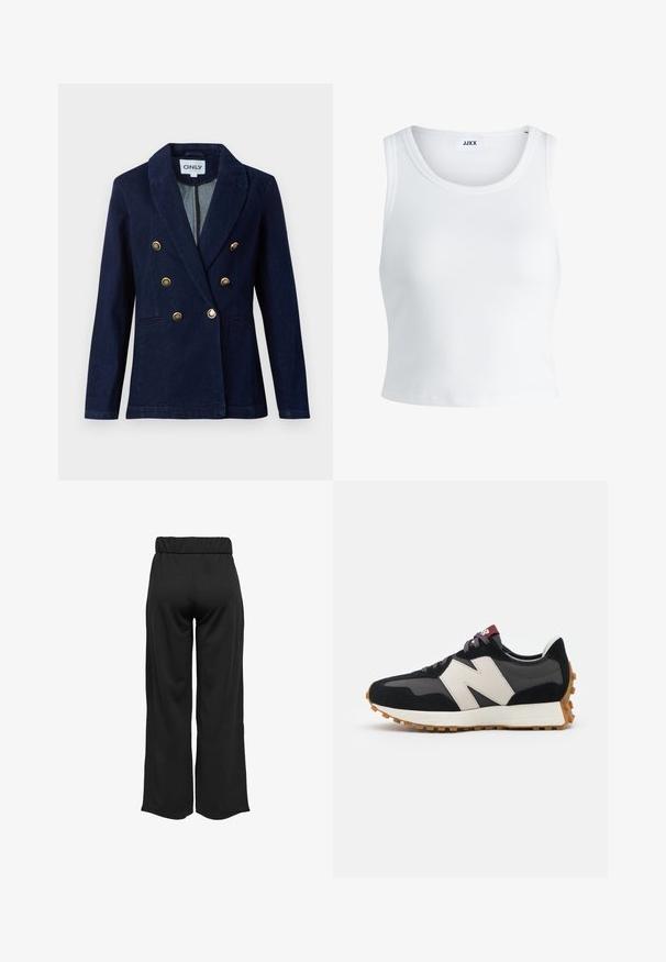 Mornarići plavi dvoredni sako s dugmadi zlatne boje, oštrim reverima i dva prednja džepa. Izrađen od glatkog denima.; Bijela rebrasta majica bez rukava s okruglim izrezom i skraćenom dužinom. Na etiketi piše "JJXX." Glatka tekstura tkanine.; Crne hlače širokih nogavica s elastičnom waistbandom, izrađene od glatkog materijala. Imaju jednostavan dizajn bez džepova ili vidljivih šavova.; Crne i sive suede tenisice s velikim kremastim logom "N", ljubičastim pertlama i teksturiranim gumiranim potplatom.
