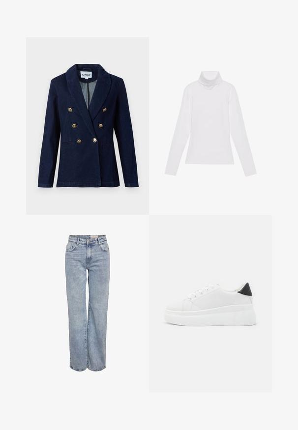 Marineblå dobbeltspent blazer med gullfargede knapper, kneppet krage og to frontlommer. Laget av glatt denim materiale.; Hvit langermet høyhalset topp laget av glatt, elastisk stoff. Har høy krage og tettsittende design, uten synlige mønstre eller dekorasjoner.; Lys blå vide jeans laget av denim, med høy midje, fem-lommers design og subtile falminger for et slitt utseende.; Hvite plattform sneakers laget av glatt syntetisk materiale, med rund tå, snøring og en strukturert gummisåle. Svart hæl akcent.