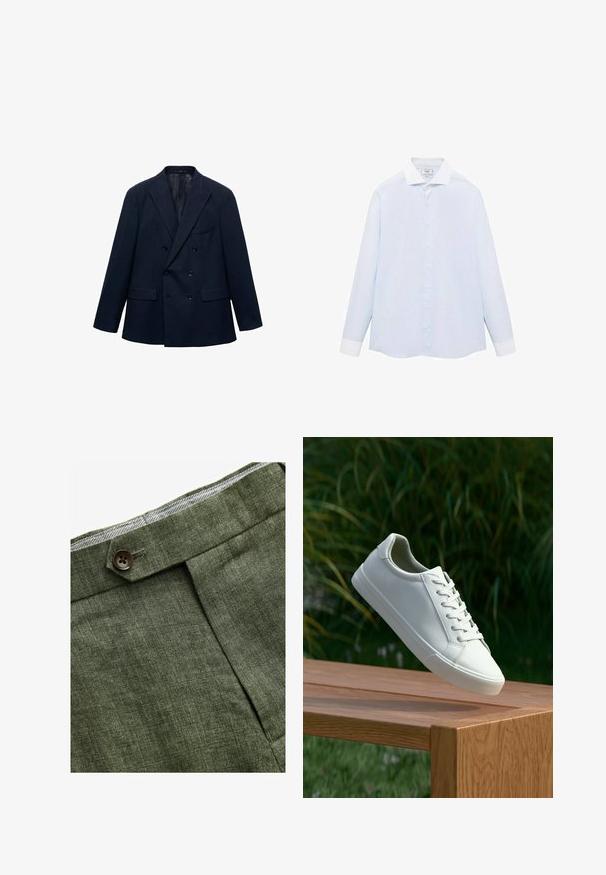 Dunkelblauer, doppeltknöpfiger Blazer mit Reverskragen, vier Fronttaschen und schwarzen Knöpfen, auf einem weißen Hintergrund dargestellt.; Himmelblauses gestreiftes Langarmhemd mit weißem Kragen und Manschetten, mit einer Knopfleiste vorne und einem abgerundeten Saum. Glatte Stofftextur.; Olivengrüne Leinenhose mit einem Bundfalten, ausgestattet mit einem Knopfverschluss und einem kontrastierenden karierten Futter am Bund.; Weiße Schnürsneaker, die über einer Holzbank mit grünem Laub im Hintergrund schweben und das Schuhdesign sowie die Textur zeigen.