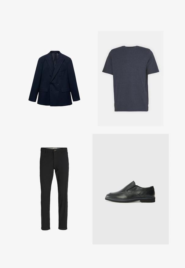 Blazer doppiopetto blu navy con revers a sottogola, quattro tasche frontali e bottoni neri, mostrato su sfondo bianco.; T-shirt a girocollo blu navy realizzato in morbido tessuto misto cotone, con maniche corte e vestibilità regolare. Nessun motivo o accento visibile.; Pantaloni neri in cotone misto con vestibilità slim, dotati di chiusura con bottone, tasche e orli arrotolati per un look informale.; Scarpa nera in pelle con inserto scivolare, superiore liscio, dettagli cuciti, punta arrotondata e tacco in gomma basso. La suola presenta un battistrada minimale.