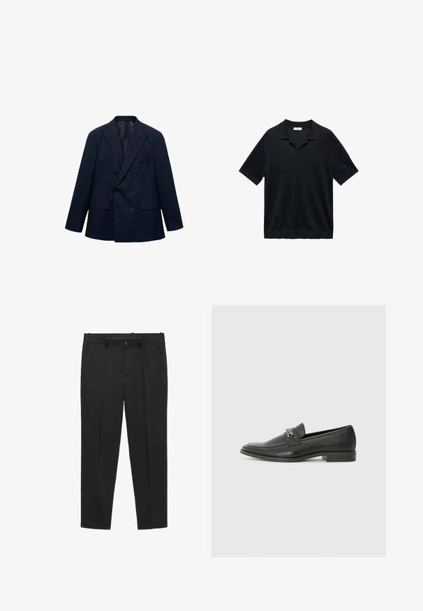 Dvostruki sako tamnoplave boje s revere ovratnikom, četiri prednja džepa i crnim dugmadima, prikazan na bijeloj pozadini.; Crna kratkodlana polo majica s V-izrezom, ravnim ovratnikom i rebrastom teksturom. Materijal izgleda lagano i glatko.; Crne krojene hlače od glatke tkanine, s ravnim prednjim dijelom, petljama za remen i bočnim džepovima. Dizajn ravnog kroja.; Crna kožna loafer cipela s glatkom finišem, s ušivenim uzorkom i dekorativnim metalnim lancem preko prednjeg dijela. Ravni potplat.