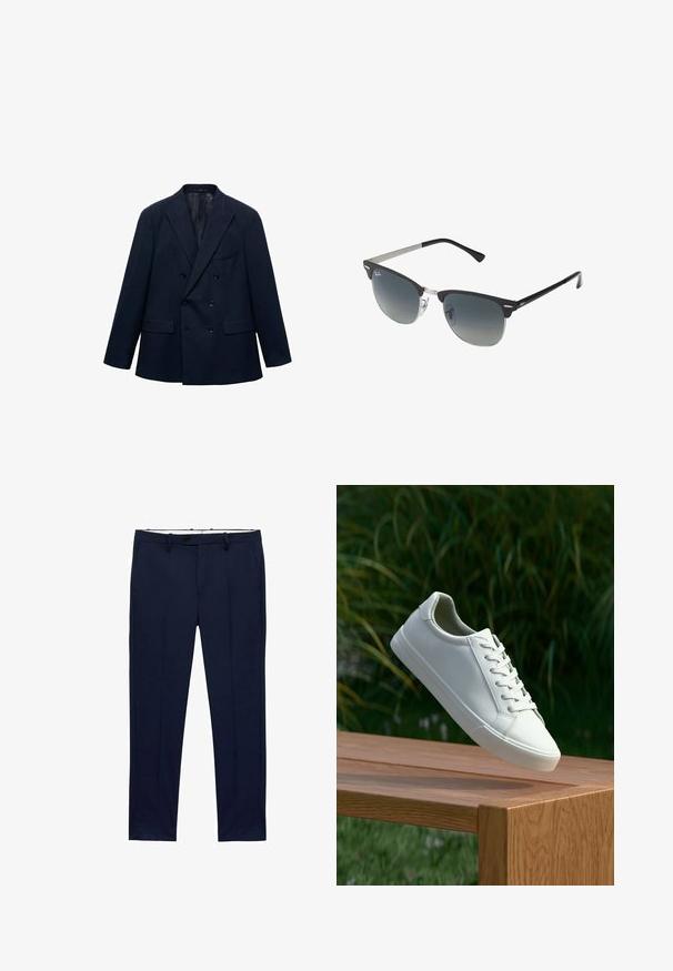 Dvouřadový námořnický modrý blejzr s klopami, čtyřmi předními kapsami a černými knoflíky, zobrazený na bílém pozadí.; Bílé trička s krátkým rukávem poskládaná, vyrobená z bavlny. Mají kulatý výstřih a rovný střih. Tkanina vypadá hladce, bez vzorů.; Námořnické modré kalhoty se slim fit a pruhovaným vzorem. Obsahují zip, poutka na opasek a přední kapsy. Hladká textilie.; Bílé šněrovací tenisky, které se vznášejí nad dřevěnou lavicí, s zeleným listím v pozadí, předvádějící design a strukturu boty.; Černé a stříbrné sluneční brýle ve tvaru kočičích očí, se stupňovitými skly a kovovými detaily na rámu. Plastové nožičky s šedými konci.