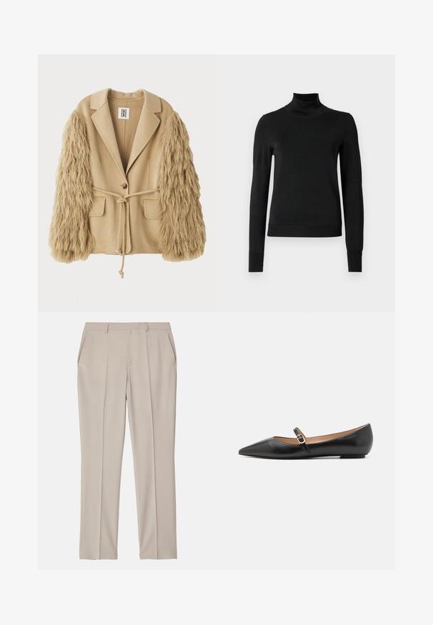 Beige blézer műszőrme ujjakra, egy gombbal záródik, két elülső zsebbel és megkötős derékpánttal a szabályozható illeszkedés érdekében.; Fekete, hosszú ujjú garbós pulóver bordás mandzsettákkal és aljjal, sima fehér háttér előtt bemutatva.; Filippa K EMMA TROUSERS - Nadrágok - desert tau; Fekete bőr balettlapok hegyes orral és oldalsó pánttal, amelyen egy kör alakú arany dísz található. Könnyű, lapos talpú.