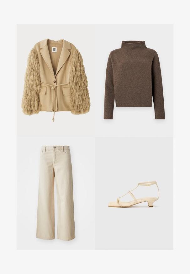 Bežinis švarkas su dirbtinio kailio rankovėmis, su vienu mygtuko užsegimu, dviem priekinėmis kišenėmis ir apjuosiamu diržu, kuris leidžia pritaikyti dydį.; Ruda, trumpa megztinį su aukštu, perlenktu kaklu, ilgomis rankovėmis ir minkšta, tekstūrine medžiaga. Minimalistinis dizainas be matomų priedų.; Šviesiai rudos plačios kojos džinsai, pagaminti iš džinsinio audinio, su aukštu liemeniu, mygtukų užsegimu, diržo kilpomis ir šoninėmis kišenėmis. Lygus paviršius ir laisvas siluetas.; Bežiniai aukšti sandalai su T formos dirželiu, kvadratiniu pirštu, reguliuojamu kulkšnies dirželiu ir žemu bloku koto aukščiu. Lygus odos paviršius.