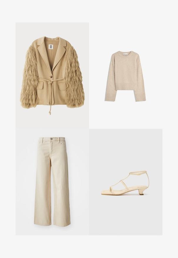 Beige blézer műszőrme ujjakra, egy gombbal záródik, két elülső zsebbel és megkötős derékpánttal a szabályozható illeszkedés érdekében.; Beige, rövidített pulóver, puha kötött anyagból készült. Kerek nyakkivágással, hosszú ujjal, valamint bordás mandzsettákkal és szegéllyel rendelkezik, ami extra textúrát ad.; Beige, bőszárú farmernadrág, magas derekú, gombos záródással, övhurkokkal és oldalzsebekkel. Sima textúrájú és laza szabású.; Beige színű sarkú szandál T-pántos dizájnnal, négyzet alakú orral, állítható bokapánttal és alacsony, tömbsarkú kivitelezéssel. Simává dolgozott bőr anyag.
