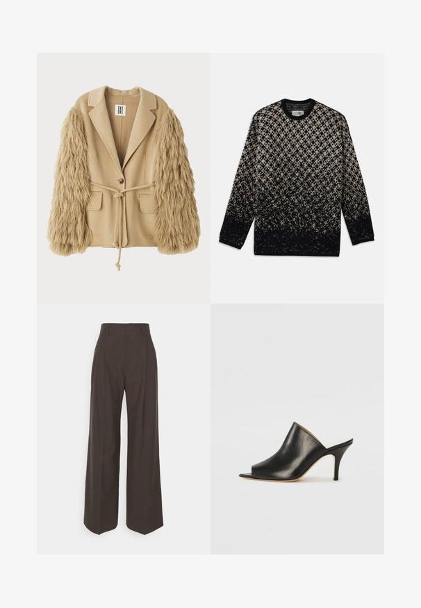 Béžový blejzer s rukávmi z fake kožušiny, s jedným gombíkom na zapínanie, dvoma prednými vreckami a viazacím pásom na nastaviteľné prispôsobenie.; Pletený sveter s diamantovým vzorom v béžovej a čiernej farbe, s postupným farebným prechodom. Výstrih do crew a dlhé rukávy. Jemná textúra.; Tmavohnedé široké nohavice s vysokým pásom, ktoré majú úhľadne prežehlené záhyby, hladkú textúru a strih na mieru.; Čierne kožené otvorené muly s elegantným, zakriveným dizajnom, vysokým stiletto opätkom a hladkou textúrou. Interiér má kontrastnú svetlú farbu.