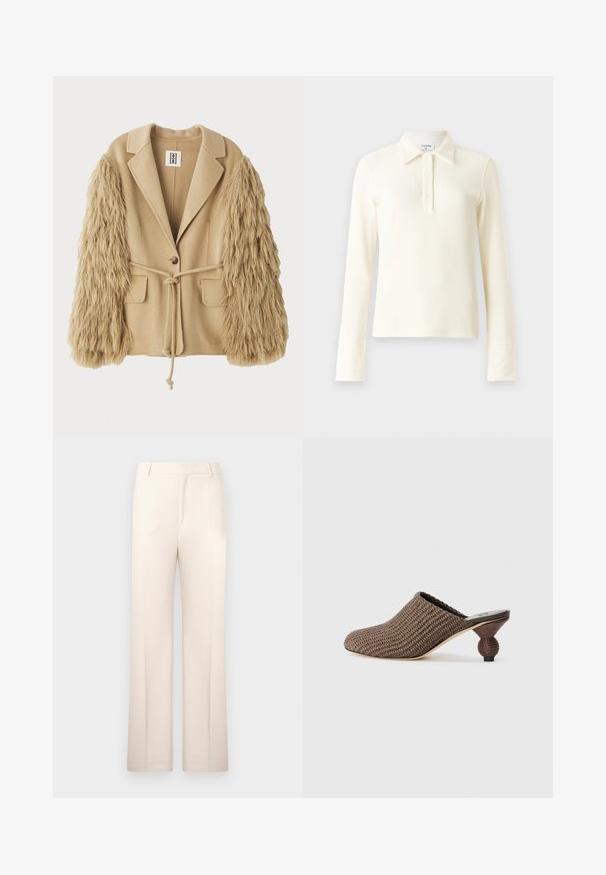 Bež žaket kunstkarusinnitusvarrukatega, millel on üks nupp, kaks fronttaskut ja reguleeritava sobivuse jaoks seotud vöö.; Kreemist ribatud pika varrukaga polo särk, millel on krae ja kolm nööpi. Omab sobivaid mansette ja pehmet, tekstureeritud kangast.; Kreemjad, sirge lõikega püksid, valmistatud kergest kangast. Omavad eesplekke ja klassikalist vööd.; Kootud klump tumesinises värvitoonis, millel on tekstuuriga pind ja ainulaadne ümar konts, iseloomulik kompaktne kuju ja ilma tagatuge.