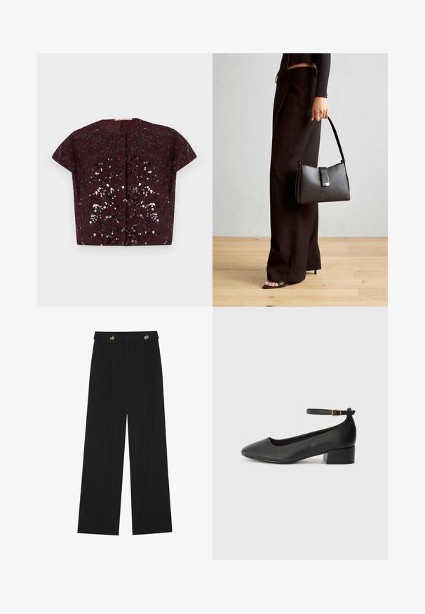 Lühikeste varrukatega lühike jakk tumepunasest värvist, millel on läikivad mustad ja hõbedased tikandid, moodustades lillemustri tekstuuriga kangale.; Punane pika varrukaga särk, mis on valmistatud pehmest kangast, sügava V-kaelusega ja lõdva lõikega. Sile, minimaalne tekstuur ilma nähtavate mustriteta.; Mustad laiad püksid kõrge vöökoha ja nööpdetailidega vööandil, esikortsudega.; Must mustaapp, millel on terav nina ja madal blokk-kand. Omab pahkluu rihma koos kuldse tooni pandlaga. Sile tekstuur.; Must musta kott, millel on struktureeritud kuju, sile tekstuur ja metallist klamber. Kombineeritud laiate mustade pükstega ja avatud varvaste sandaalidega puidust põrandal.