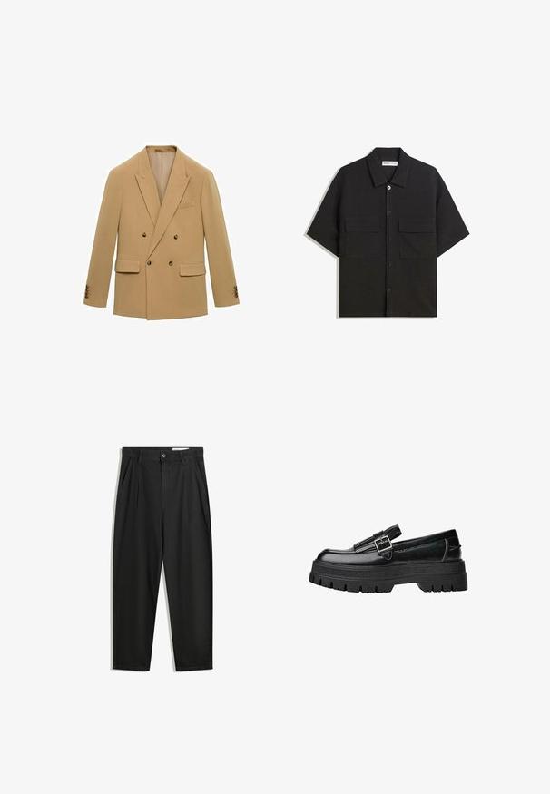 Doppelt geknöpfter Blazer aus hellem Beigefarbigen Stoff. Auffällige Merkmale sind zwei Vorder taschen, Reverskragen und braune Knöpfe an den Ärmeln.; Schwarzes kurzärmliges Shirt aus Stoff mit glatter Textur, verfügt über zwei Vorderaschen, einen klassischen Kragen und einen Knopfverschluss.; Schwarze Baumwollhose mit lockerem Schnitt, ausgestattet mit einem klassischen Bund, vorderen Falten und Seiten taschen. Glatte Textur ohne Muster.; Schwarze Lederloafers mit glänzender Oberfläche, ausgestattet mit einer Schnallenverzierung und einer stabilen, strukturierten Außensohle für zusätzlichen Grip und Stabilität.
