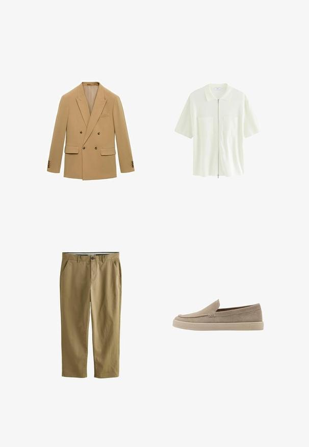 Blazer doppiopetto in tessuto beige chiaro. Tra le caratteristiche principali ci sono due tasche frontali, rever a faccetta e bottoni marroni sulle maniche.; Camicia bianca a maniche corte con zip, realizzata in tessuto testurizzato, caratterizzata da un colletto e due tasche frontali con pattine quadrate.; Chino color khaki realizzati in cotone misto, dotati di due tasche laterali, chiusura con bottone, gambe dritte e una texture liscia.; Scarpe slip-on in suede beige con punta arrotondata, design a profilo basso e finitura testurizzata. Presenta un delicato dettaglio di cucitura lungo la tomaia.