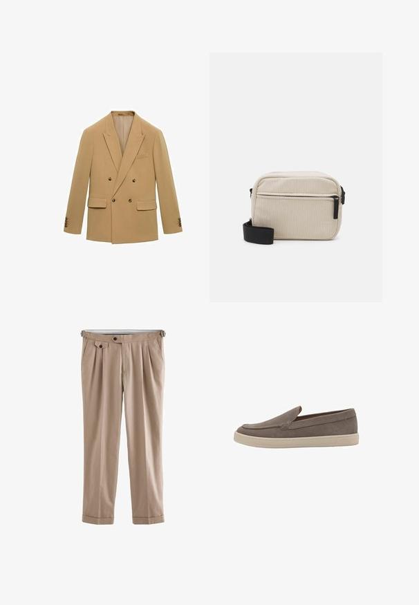 Kaksirivinen bleiseri vaaleanbeigeessä kankaassa. Huomionarvoisia piirteitä ovat kaksi etutaskua, lovikaulus ja ruskeat nappivuorot hihoissa.; Tummanvihreä napitettava paita, jossa on kaulus, pitkät hihat ja yksi rintatasku; siinä on valkoiset napit ja pehmeä tekstuuri.; Beige-housut, joissa on rento mitoitus, tuplapleat edessä, säädettävällä soljella varustettu vyötärö ja käärityt helmavarat.; Vaaleanharmaat liukupohjaiset kengät, jotka on valmistettu mokasta ja joilla on sileä pinta. Kenkässä on valkoinen kumipohja ja minimaliset ompeluyksityiskohdat.; Kermakoinen kangaspussukka, jossa on musta vetskari, irrotettava olkahihna ja teksturoitu kuvio. Sisältää yhden pääosan ja etutaskun.