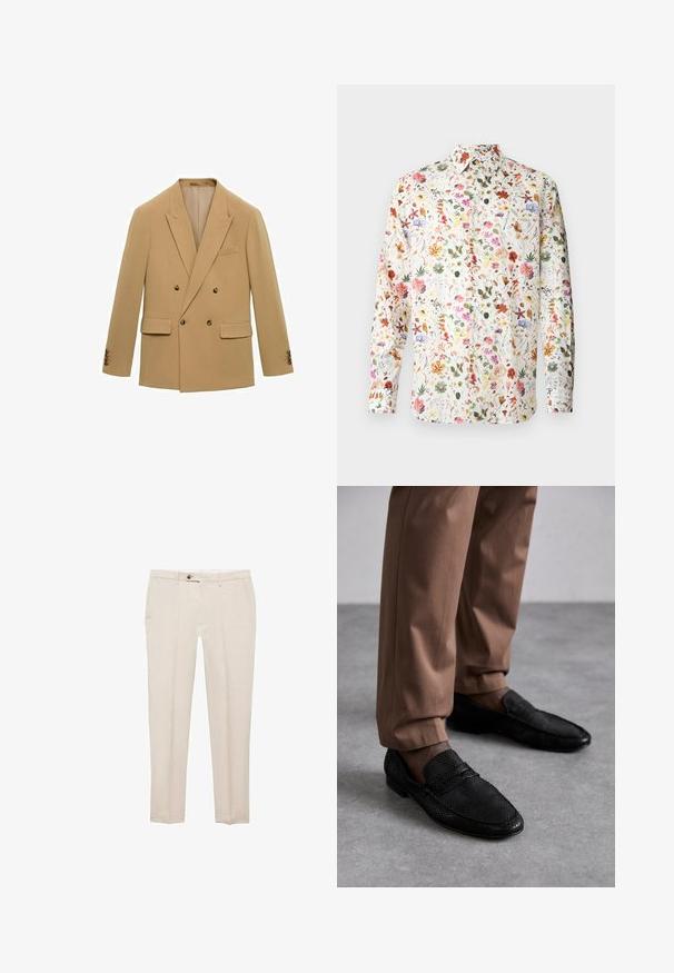 Dvouřadový blazer z jasně béžové látky. Mezi výrazné rysy patří dvě přední kapsy, klopové límce a hnědé knoflíky na rukávech.; Košile s dlouhým rukávem s bílým potiskem s barevnými květinami, včetně různých květin a motýlů, s límečkem na knoflíky.; Mango Kalhoty - beige; Černé polobotky s texturovaným vzorem, s zaoblenou špičkou a nízkým profilem. V páru s béžovými kalhotami na šedém povrchu.