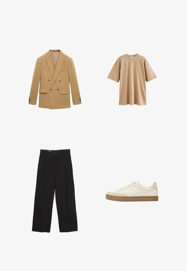 Blazer doppiopetto in tessuto beige chiaro. Tra le caratteristiche principali ci sono due tasche frontali, rever a faccetta e bottoni marroni sulle maniche.; T-shirt beige a maniche corte in cotone con colletto rotondo e vestibilità rilassata, caratterizzata da una trama liscia e priva di motivi o dettagli decorativi.; Pantaloni neri a gamba larga realizzati in tessuto morbido, con vita piatta, pinces frontali e chiusura con un bottone.; Sneaker bassa in pelle bianca con accenti beige e suola in gomma testurizzata. Caratterizzata da cuciture tonali e un design a punta rotonda.