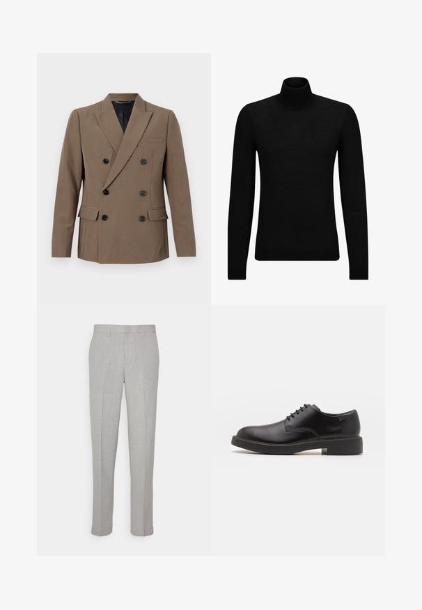 Hnědý dvouřadý blazer vyrobený z hladké tkaniny, s černými knoflíky, jednou náprsní kapsou a výraznými klopami.; Černý rolák vyrobený z měkkého materiálu, s dlouhými rukávy a těsným střihem. Hladký lem na spodním okraji a manžetách. Jednoduchý design.; Světle šedé kalhoty s hladkou texturou, plochým předním dílem a rovnými nohavicemi. Vyrobené z prodyšného materiálu, obsahující vnitřní kapsy a poutka na opasek.; Černé kožené šněrovací boty s kulatou špičkou, hladkým povrchem, minimálním prošíváním a nízkým gumovým podpatkem. Logo na patě.