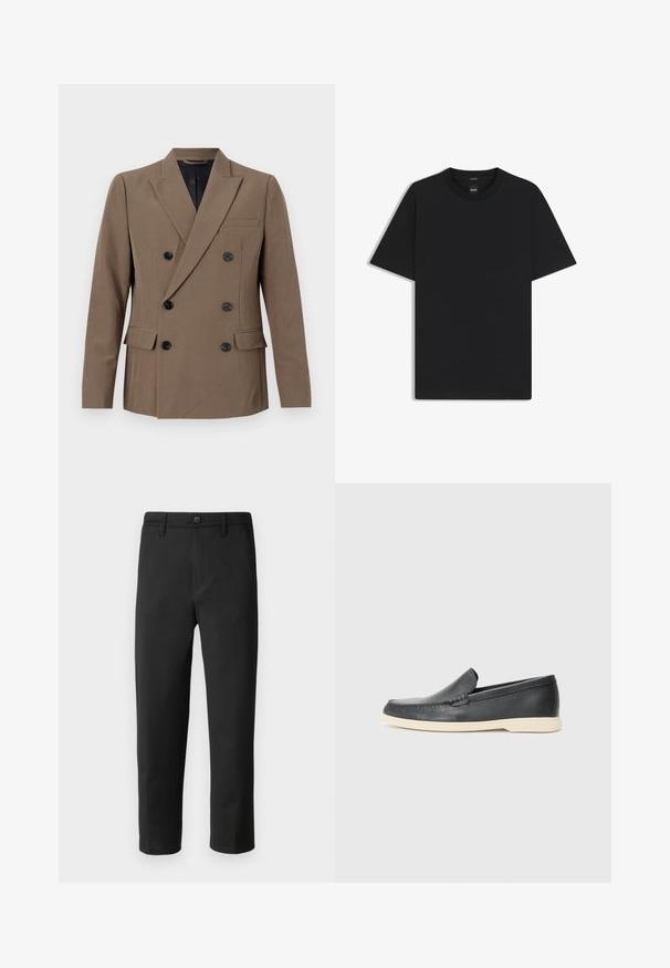 Brown double-breasted blazer made of smooth fabric, featuring black buttons, a single chest pocket, and prominent lapels.; Black short-sleeve T-shirt made from a smooth cotton blend, featuring a crew neckline and a minimalistic design with no patterns or accents.; Black trousers with a straight cut, made from smooth fabric. Features a button closure and belt loops. No visible patterns or accents.; Black leather slip-on loafers with a textured finish and a contrasting beige rubber sole. Features a subtle accent along the front.
