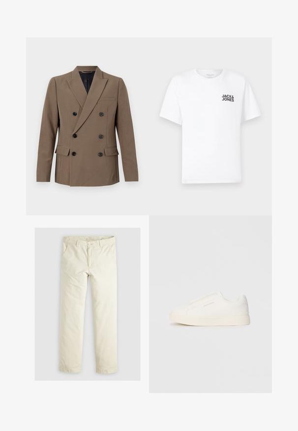 Brun dobbelspent blazer laget av glatt stoff, med svarte knapper, en enkelt brystlomme og markante slåer.; Hvit bomull T-skjorte, korte ermer, rund hals. Har svart tekstlogo "JACK & JONES" på venstre brystområde. Enkel, ensfarget design.; Lys beige løse bukser med tre lommer, beltestropper og rett ben-design. Laget av et mykt bomullsblandingsstoff.; Hvite slip-on joggesko med teksturert overflate, tykk såle og minimalistisk design. Har merkevarelogo på siden.