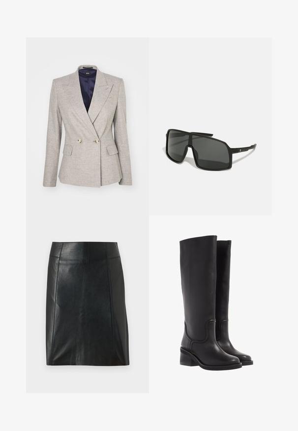 BOSS JIA szary; Trzy bluzki z długim rękawem ułożone jedna na drugiej: czarna, szara i biała. Każda z okrągłym dekoltem i skróconym fasonem, wykonana z gładkiego, lekkiego materiału.; Czarna skórzana spódnica o dopasowanym kroju. Gładka tekstura, szwy podkreślające kształt i prosty dół. Minimalistyczny i elegancki wygląd.; Czarne skórzane kozaki do kolan o gładkiej fakturze, zaokrąglonym nosku i masywnym obcasie. Posiadają subtelne przeszycia i elegancki kształt.; Czarne okulary przeciwsłoneczne z dużą, kanciastą oprawką, ciemnymi soczewkami i cienkimi, eleganckimi ramionami z małym logo po jednej stronie.; Srebrne kolczyki na kółkach o polerowanym wykończeniu, z okrągłym wzorem i bezszwowymi zawiasami, charakteryzujące się gładką teksturą.