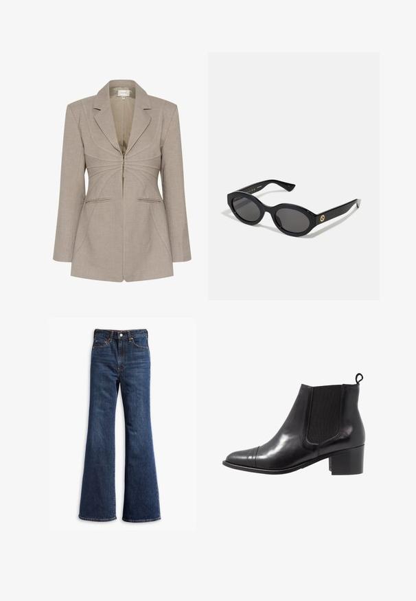 Beige skreddersydd blazer med glidelås, skarpe slag og kontrasterende hvit søm. Har to frontlommer og en strukturert passform.; Hvit knapp-up skjorte laget av glatt bomull med klassisk krage, med rett falden og beige knapper foran.; Høytlivete mørkeblå denimjeans med utvidede ben, frontlås med knapp og glidelås, og fem-lommers design.; Svart skinn ankelstøvel med elastiske sidestykker, rund tå og teksturert blokkhæl. Har en løkke-pull tab bak for enkel påkledning.; Sorte ovale solbriller med mørke linser og blank plastramme. Har gulllogo på stengene, og tilbyr et elegant og moderne design.; Brun faux suede tote bag med to robuste håndtak, en strukturert form og minimalistisk design, med subtile søm detaljer.