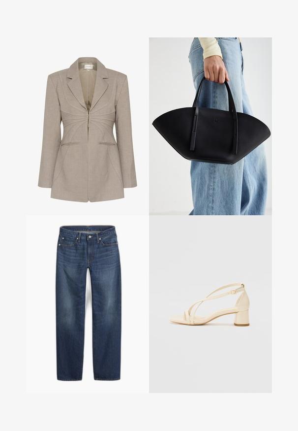 Bež vedno krojen blazer s sponko, ostrimi reverji in kontrastnim belim šivanjem. Ima dva sprednja žepa in strukturirano prileganje.; Črno-bela prugasta majica iz bombaža. Ima okroglo izrez in majhen rdeč Levi's logotip na prsih. Kratki rokavi.; Temno modre kavbojke iz jeansa z ravnimi hlačnicami. Imajo zapenjanje na gumbe, pet žepov in rahlo obledel tkanino.; Beige sandale s peto na blok, z zapletenim dizajnom in prilagodljivim gležnjenjcem, izdelane iz gladkega sintetičnega materiala z mat površino.; Črna usnjena torbica z edinstveno obliko ventilatorja, z ravnimi ročaji. Površina ima teksturo z drobnimi kamni in minimalističen dizajn.