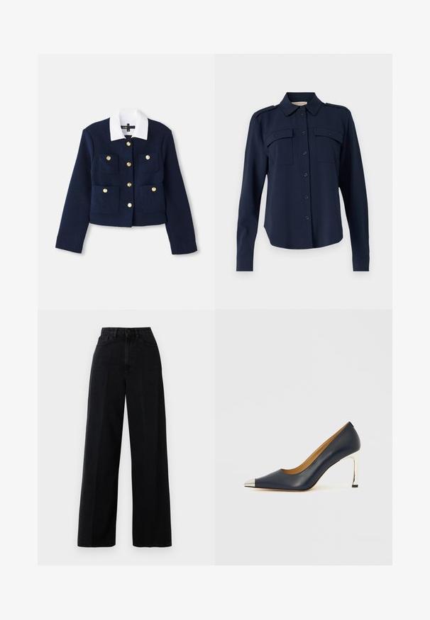 Giacca cropped blu navy in tessuto testurizzato con colletto bianco, dotata di chiusure a bottone dorato e quattro tasche frontali.; Camicia blu navy con bottoni realizzata in tessuto morbido. Presenta due tasche sul petto, spalline sulle spalle e maniche lunghe con polsini abbottonati.; Jeans amp; larga nera in denim, con vita alta, tasche anteriori e chiusura con bottone. Il tessuto ha una consistenza liscia.; Scarpa con tacco alto in pelle blu navy con punta appuntita, caratterizzata da una copertura metallica argentata e un tacco a spillo argentato lucido.