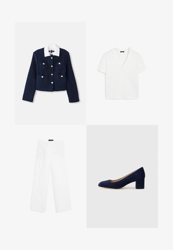 Námořnická zkrácená bunda z texturované tkaniny s bílým límcem, obsahující zlaté knoflíkové zapínání a čtyři přední kapsy.; Bílý krátký rukáv V-krk tričko vyrobené z bavlny, s minimalistickým designem a hladkou strukturou, s rovnými lemy a bez ozdob.; Bílé lněné kalhoty širokého střihu s hladkým povrchem, mají středně vysoký pas, dvě přední kapsy a jednoduchý design.; Námořnicky modré semišové lodičky s špičatou špičkou a středně vysokým blokovým podpatkem. Hladká textura s jemným leskem a malým výřezem na přední části.