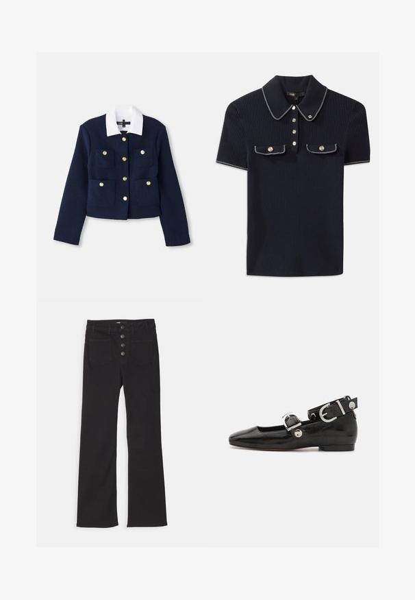 Navy lyhyt takki teksturoitua kangasta, jossa on valkoinen kaulus, kultaiset napit ja neljä etutaskua.; Laadukas tummansininen farkku-paita, jossa on tukeva kaulus, lyhyet hihat ja kaksi etutaskua, joissa on nepparit; valkoiset ompeleet korostavat tyyliä.; Mustat farkut, joissa on leveät lahkeet, korkea vyötärö, viisi taskua ja edessä neljä metallista nappia.; Musta patenttinahkainen tasapohjainen kenkä suoralla varvastyöllä, nilkkahihna hopeisilla yksityiskohdilla ja tasainen pohja. Sileä pinta ja minimalistinen muotoilu.