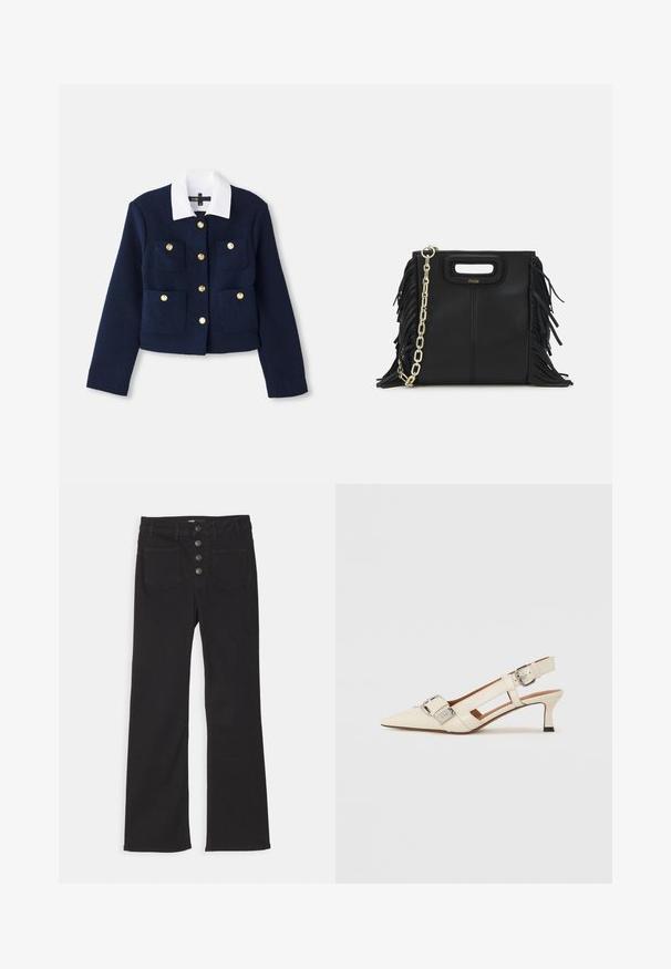 Navy cropped jacket in textured fabric with a white collar, featuring gold button closures and four front pockets.; Navy ribbed polo shirt featuring a pointed collar, short sleeves, and two front pockets with snap buttons; highlighted with white stitching accents.; Black denim flared jeans with a high waist, five-pocket design, and a front button closure featuring four metal buttons.; White leather slingback shoe with a pointed toe, small heel, and adjustable strap featuring a prominent silver buckle detail.; Black leather handbag with fringe details, gold chain shoulder strap, and a cut-out handle. Features logo placement on the front.