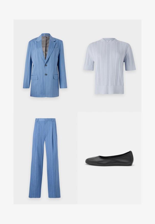 Hele sinine rinnataskutega liibuva lõikega bleiser, millel on kaks nööpaukku ja sakiline krae. Omab sujuvat halli voodrit.; Hele sinine lühikese varrukaga kootud pehme pluus, millel on vertikaalne sooniline tekstuur ja ümmargune kaelus. Kanga peal on peeneid detaile ning pluusi alläär on vormitud.; Heledad sinine laia jalgadega püksid, millel on vertikaalsed valged triibud. Valmistatud siledast materjalist, esiplekiga ja puhta vöökoht disainiga.; Musthave mustika tantsutossud mustast nahast, ümmarguse varbaga, siledast tekstuurist, minimaalse õmblusdetailiga ja paindliku tallakujundusega.