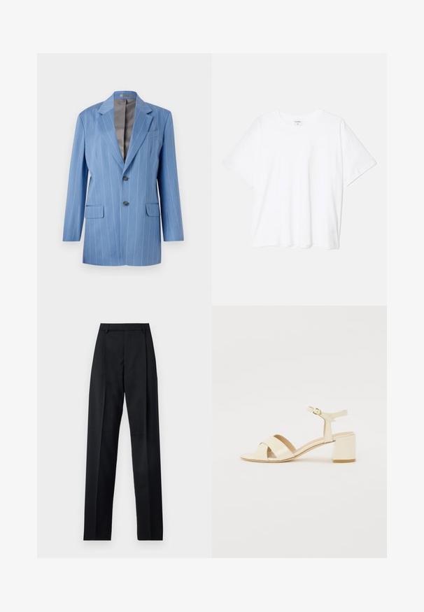 Hele sinine rinnataskutega liibuva lõikega bleiser, millel on kaks nööpaukku ja sakiline krae. Omab sujuvat halli voodrit.; Valge puuvillane T-särk lühikeste varrukatega, ümmargune kaelus, mugav lõige ja õmmeldud serv. Silt nähtav kaela seest.; Mustad püksid siledast kangast, millel on kõrge vöökoht, laiad jalad, esimesed kortsud ja klassikalised vööloopid. Küljepockets pole nähtavad.; Beež patentnahast kontsaga sandaalid, millel on risti rihmad, avatud varvas, reguleeritav pahkluu riba ja plokk-konts. Sile tekstuur.