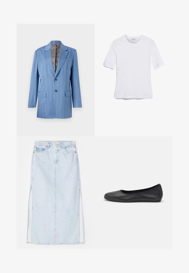 Sacou bleu deschis cu dungi, dotat cu două buzunare frontale, două butoane și guler cu tăietură. Are o căptușeală interioară netedă, de culoare gri.; Tricou alb cu mânecă scurtă, confectionat dintr-un material texturat. Gât rotund, tăietură regulară și detalii subtile de cusătură. Fără modele sau grafice.; Fustă maxi din denim de culoare albastru deschis, cu croială dreaptă, având slituri laterale și design cu cinci buzunare. Cusături evidente și închidere cu nasture metalic.; Balerini din piele neagră, cu vârf rotund, textură netedă, detalii de cusătură minimale și un design al tălpii flexibil.