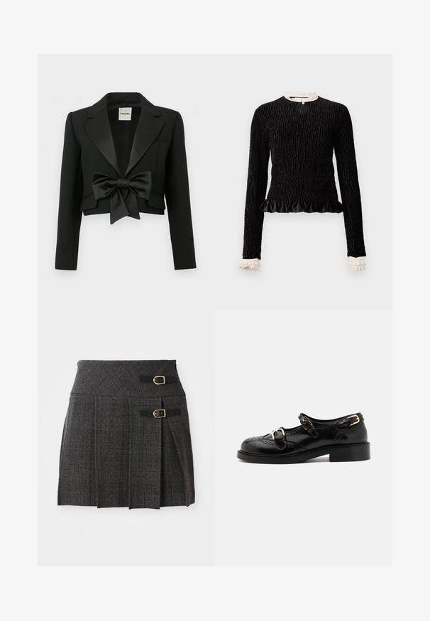 Černá zkrácená bunda z texturové tkaniny, s saténovým klopem a velkou saténovou mašlí vpředu. Detail jedné kapsy na levé straně.; Černý top s dlouhým rukávem, vyrobený z texturované látky, s volánkovým lemem a bílými volánkovými akcenty na límci a manžetách. Obsahuje centrální uzávěr na smyčku.; Šedá kostkovaná sukně s přiléhavým pasem, se zdvojenými sponami a záhyby. Vyrobena z texturované tkaniny s tkaným designem.; Černé kožené boty s brogue detaily, vybavené dvěma sponami, zaoblenou špičkou a nízkým podpatkem. Hladký povrch s lesklým finišem.