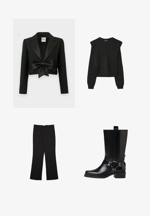 Svart kort jacka i texturerat tyg, med satinrevers och en stor satinrosett fram. Enkel fickdetalj på vänster sida.; Svart långärmad stickad tröja med vadderade axlar och ribbade muddar och fåll, visad mot en vit bakgrund.; Svarta byxor med rak passform, utrustade med framfickor och sidoklyvningar vid fållen. Tillverkade av mjukt, slätt tyg. Lämpliga för olika tillfällen.; Svart läderknähöga stövlar med spetsig tå, silverfärgade spännen och klumpig klack. Har en dragflik för enkel påtagning.