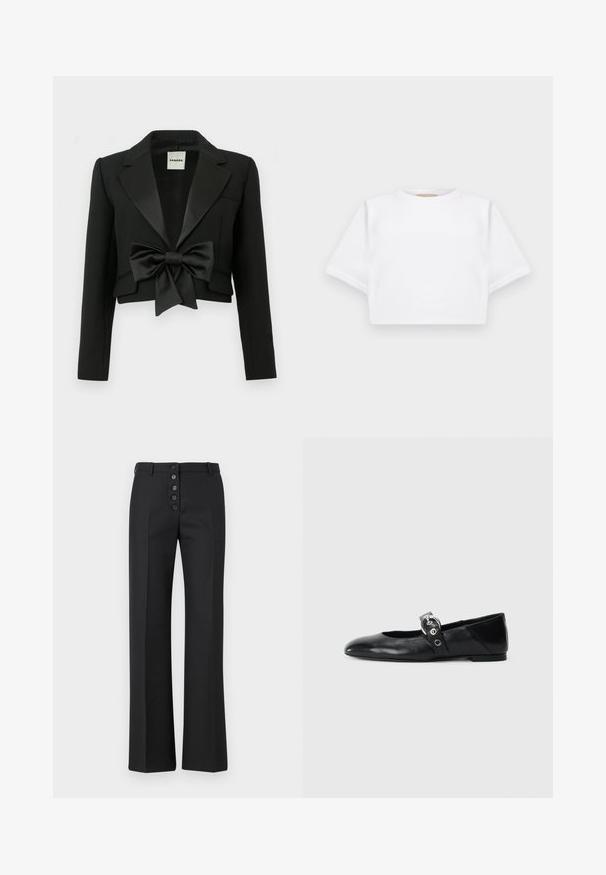 Must särg, mis on valmistatud struktuurse kangaga, millel on satiinist krae ja suur satiinist lõvikiri ees. Vasakul on üks tasku.; Lühikeste varrukatega, pehmest kangast lõigatud valge T-särk, millel on ümar kaelus ja soonikuga ääred. Lihtne ja ilma kaunistusteta disain.; The Kooples PANTALON - Püksid - black; Mustadest nahast balleti kingad terava varbaga, millel on rihm ümmarguse metallist pandlaga ja lame tald.