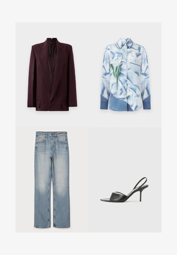 Burgundský blazer s vysokým límcem, jedním zipem, strukturovanými rameny a předními kapsami. Hladká textura a dokonale padnoucí střih.; Košile na knoflíky ve světle modrém saténu s květinovým potiskem. Obsahuje kapsu, špičatý límec a kontrastní černý lem podél kapsy.; Světle modré džíny z denimu se rovný střih, vysokým pasem, pěti kapsami a jemným zesvětlením na stehnech a kolenou.; Černé kožené lodičky na odkryté patě s špičatou špičkou, tenkým řemínkem kolem kotníku a jehlovým podpatkem. Obsahují uzlový detail na nártu.