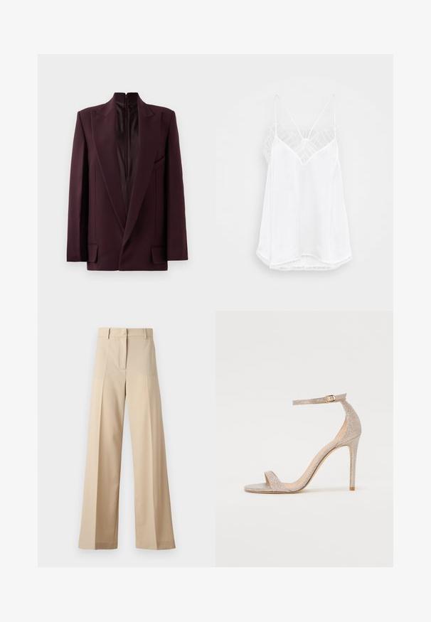 Burgundska blazerka z visokim ovratnikom, enojno zadrgo, strukturiranimi rameni in sprednjimi žepi. Gladka tekstura in prilegajoč kroj.; Bela kamisola z oblikom v-izreza, tankimi naramnicami, strukturirani čipkastimi poudarki na ramenih ter ukrivljenim robom. Gladka tekstura tkanine.; Beige široke hlače iz gladkega materiala, z ravnim odprtjem spredaj in naborki, z vodilom na zadrgo in zankami za pas. Prilagojen kroj.; Jarke visoke pete s trakovi v metalik rožnato zlato, z teksturiranim zgornjim delom, odprtim prstom in zaponko na gležnju v zlatem detajlu.