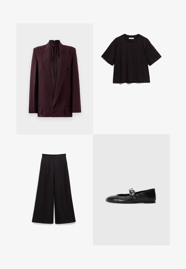 Blazer bordô com colarinho alto, fecho de zíper único, ombros estruturados e bolsos frontais. Textura suave e corte ajustado.; T-shirt de algodão preto com decote redondo e mangas curtas. Apresenta um corte descontraído e um design simples, sem adornos.; Calças largas pretas com uma textura suave, fecho de botão na cintura e um corte descontraído. Sem padrões ou acentos visíveis.; Sapatilhas de balé pretas em couro com bico pontiagudo, apresentando uma correia com uma fivela metálica circular e sola plana.