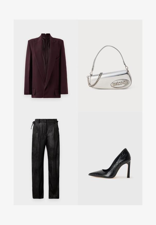 Burgundy blazer with a high collar, single zip closure, structured shoulders, and front pockets. Smooth texture and tailored fit.; Black long-sleeve crop top made of textured fabric, featuring a fitted design and gathered detailing at the bust.; Black, high-waisted trousers made from a textured material. Features a straight leg, pleats, and adjustable drawstring at the waist.; Black pointed-toe high heel shoe with a crocodile-skin texture, featuring a sleek design, high stiletto heel, and smooth black interior.; Silver metallic handbag with a rounded triangular shape, featuring a logo, chain strap, and smooth texture. Zipper closure on the side.