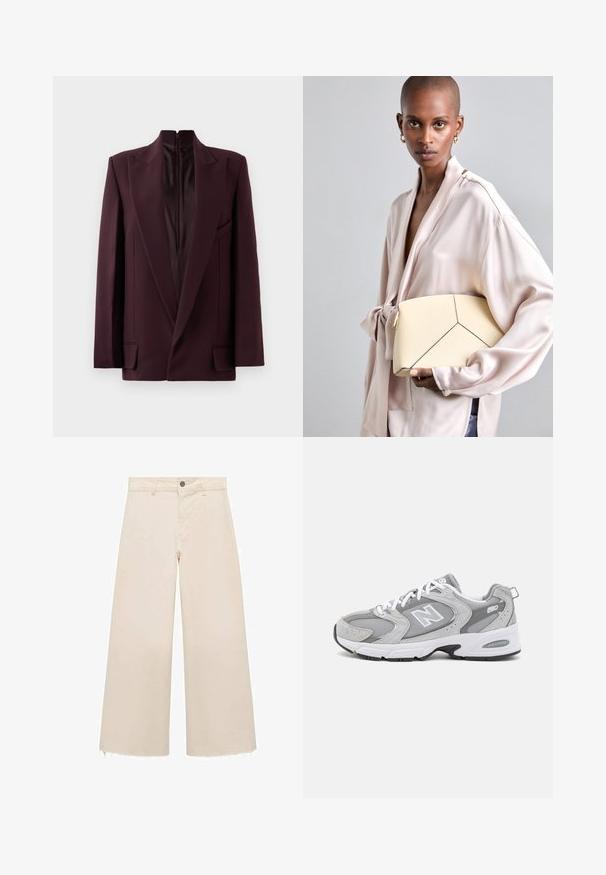 Burgundska blazerica s visokim ovratnikom, jednim zatvaračem, strukturiranim ramenima i prednjim džepovima. Glatka tekstura i kroj koji prati linije tijela.; Bijela majica s kratkim rukavima, okrugli izrez, izrađena od mekog, glatkog pamučnog materijala, sa ravnim rubom i minimalnim detaljima. Jednostavan i svestran dizajn.; Široke hlače od svijetlog bež pamuka, s kopčanjem na dugme, suptilno izvijene rubove i dizajnom opuštenog kroja.; Sive zimske tenisice s mrežastim i antilop gornjim dijelom, bijelim vezicama i crnim potplatom. Imaju istaknuti logotip "N" i podstavljeni ovratnik.; Kremasta strukturirana torba s kontrastnim crnim šavovima, koja ima geometrijski dizajn. Glatka tekstura s zlatnim hardverskim dodacima.