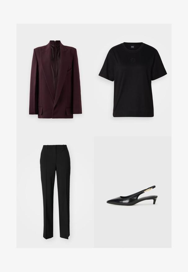 Burgundy blazer with a high collar, single zip closure, structured shoulders, and front pockets. Smooth texture and tailored fit.; Black cotton t-shirt with a crew neckline, short sleeves, and an embroidered logo on the chest. Simple, relaxed fit with no patterns.; Black tailored trousers with a straight-leg design, featuring a smooth texture and crisp creases along the front. No visible hardware.; Black leather slingback heels with a pointed toe, featuring a slim heel and a gold-tone accent on the adjustable strap. Smooth texture.