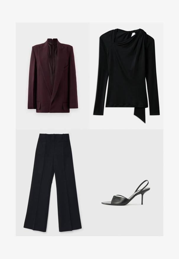 Burgundska blazerica s visokim ovratnikom, jednim zatvaračem, strukturiranim ramenima i prednjim džepovima. Glatka tekstura i kroj koji prati linije tijela.; Dugih rukava crna majica od glatkog materijala, s drapiranim izrezom, asimetričnom donjom ivicom i izrezom na leđima.; Crne široke hlače izrađene od glatkog materijala, s visokim strukom, dva stražnja džepa i suptilnim prednjim plisiranim detaljima za dodatni oblik.; Crne kožne sandale sa otvorenom petom, s izduženim nosom, tankim remenom oko gležnja i stiletto potpeticom. Imaju čvorasti detalj na prednjem delu.