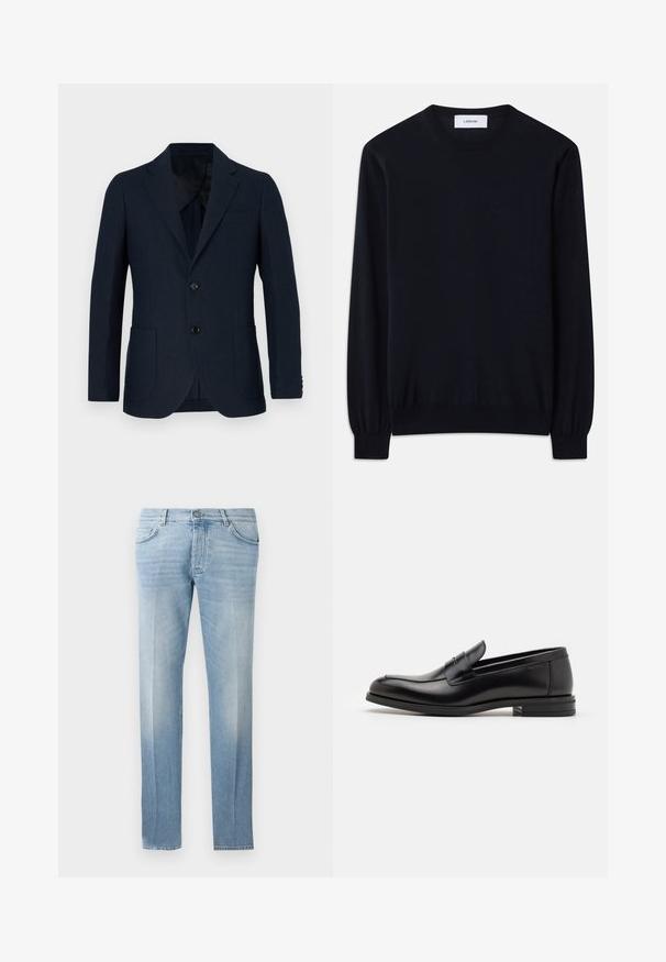 Karinė tamsiai mėlyna švarkas, pritaikytas, su dviem priekinėmis kišenėmis ir viena mygtuko uždarymo sistema. Lygus audinys su subtilia tekstūra ir įpjovimais ant apykaklės.; Juodas apvalios iškirptės megztinis, pagamintas iš lygios megztos medžiagos. Ilgos rankovės su priglundančiais manžetais ir laisvas siluetas visame kūne.; Šviesiai mėlyni džinsai su tiesia koja, švelniu dėvėjimosi efektu, penkių kišenių dizainu ir mygtukine užsegimo sistema juosmens srityje.; Juodos odinės loafers, turinčios lygų paviršių, apvalią noselę ir dekoratyvinę juostą per priekinę dalį. Žemas krentantis kulnas, minimalistinis dizainas.