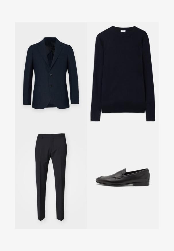 Blazer blu navy con una vestibilità su misura, due tasche frontali e chiusura a un pulsante. Tessuto liscio con una trama sottile e rever a spacco.; Maglione girocollo blu navy realizzato in morbido tessuto, con maniche lunghe e dettagli a coste sul colletto e sull'orlo. Design pulito e minimalista.; Pantaloni scuri blu navy con vestibilità slim. Realizzati in tessuto liscio e strutturato, presentano una parte frontale piatta, passanti per cintura e tasche laterali.; Mocassino da uomo in pelle nera con tacco basso e design classico a striscia, mostrato in profilo laterale su sfondo bianco.