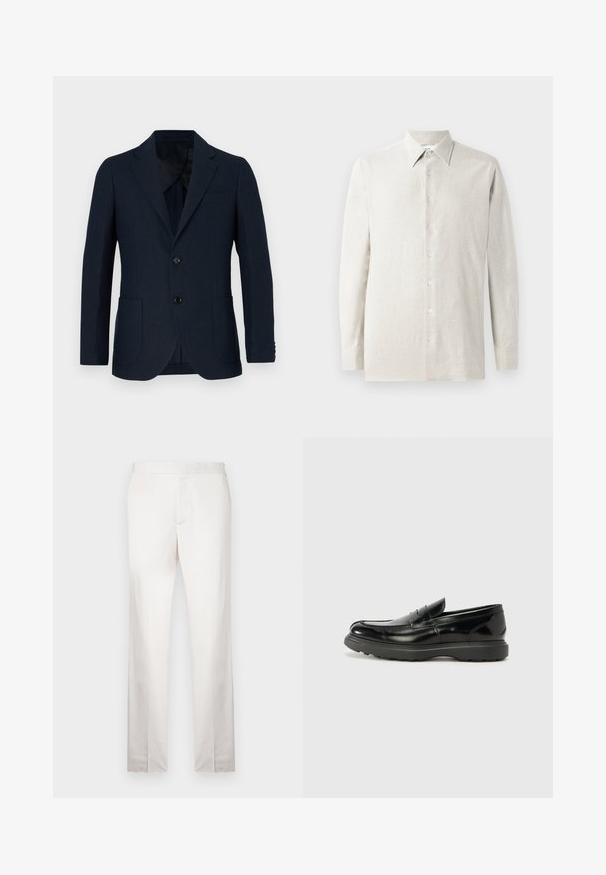 Navy blazer with a tailored fit, two front pockets, and a single-button closure. Smooth fabric with a subtle texture and notch lapels.; Light beige long-sleeve shirt made of linen, featuring a pointed collar, full button front, and a smooth, subtle texture.; Light beige tailored trousers with a smooth texture, straight legs, a flat front, and minimal stitching detail. No visible pockets.; Black leather loafer with a glossy finish, rounded toe, subtle stitching details, and a thick rubber sole for durability.