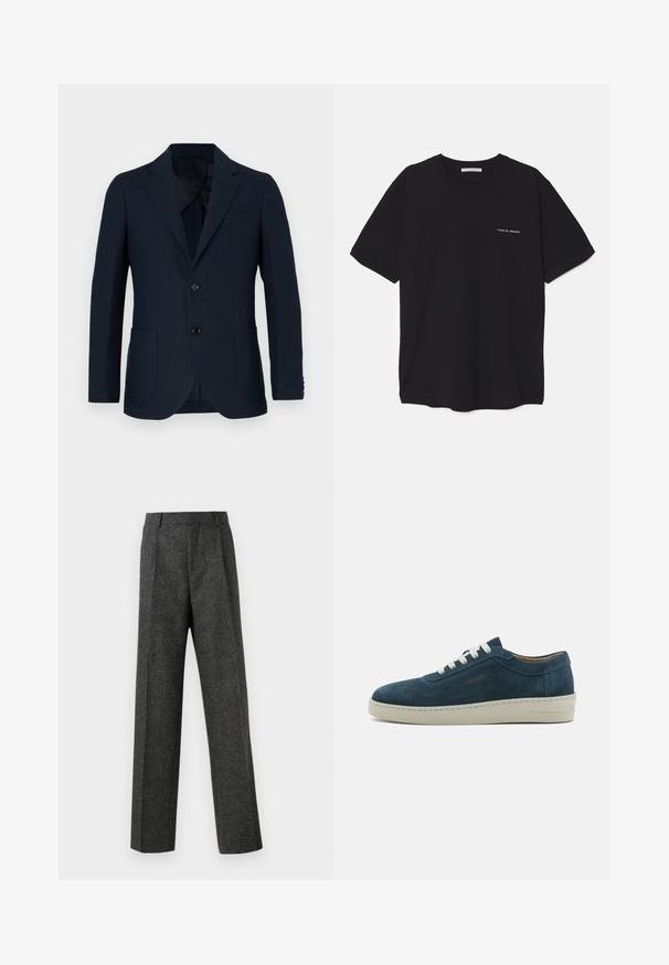 Ναυτικό σακάκι με ραμμένη εφαρμογή, δύο μπροστινές τσέπες και κλείσιμο με έναν μόνο κουμπί. Απαλή ύφανση με διακριτή υφή και λαιμόκοψη notch.; Μαύρο βαμβακερό T-shirt με στρογγυλή λαιμόκοψη, κοντά μανίκια και λευκή εκτύπωση λογότυπου στην αριστερή πλευρά του στήθους. Απλός, μονόχρωμος σχεδιασμός.; Γκρι tailored παντελόνι από υφασμάτινη υφή, με δύο καμπυλωτές πτυχές μπροστά και ίσια γραμμή. Χωρίς ορατές τσέπες ή διακοσμητικά στοιχεία.; Μπλε σουέτ αθλητικά παπούτσια με στρογγυλή μύτη, λευκές χορδές και καουτσούκ σόλα. Διαθέτουν διακριτές ραφές και μια επώνυμη λεπτομέρεια στο πλάι.