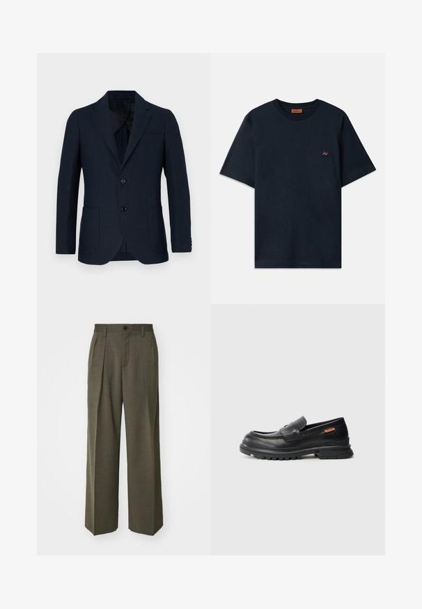 Sötétkék blézer testhez álló szabással, két elülső zsebbel és egysoros gombolással. Simított anyag finom textúrával és kis ívű hajtókával.; Tengerészkék pamut póló kerek nyakkivágással és rövid ujjakkal. A mellrészen egy kis piros és fehér cikkcakk logó található.; Filippa K WIDE TROUSERS - Nadrágok - driftwood; Fekete bőr loaferek lekerekített orral, alacsony sarokkal és vastag, texturált gumitalppal. Tűzött díszítéssel és egy kis logóval az oldalon.