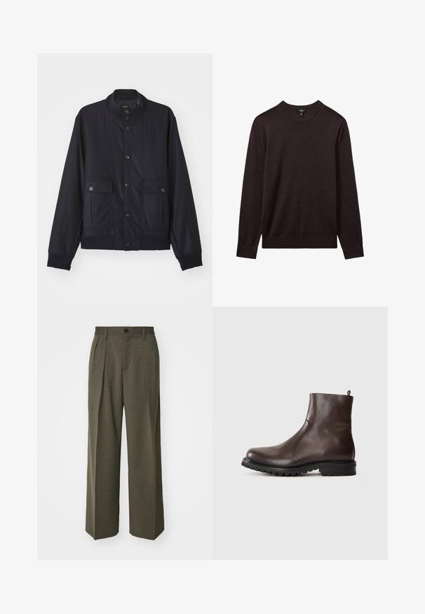 Tamsiai mėlynas švarkas, pagamintas iš minkštos medžiagos, turintis aukštą apykaklę, priekinį užsegimą mygtukais, dvi krūtinės kišenes ir raibotus rankogalius bei apatinę dalį.; Reiss Džemperis - dark bordeaux; Filippa K WIDE TROUSERS - Kelnės - driftwood; Rudos odinės aulinukai iki kulkšnies su lygiu paviršiumi, elastingomis šoninėmis dalimis, užtrauktuku gale ir sunkiu guminėm padu.