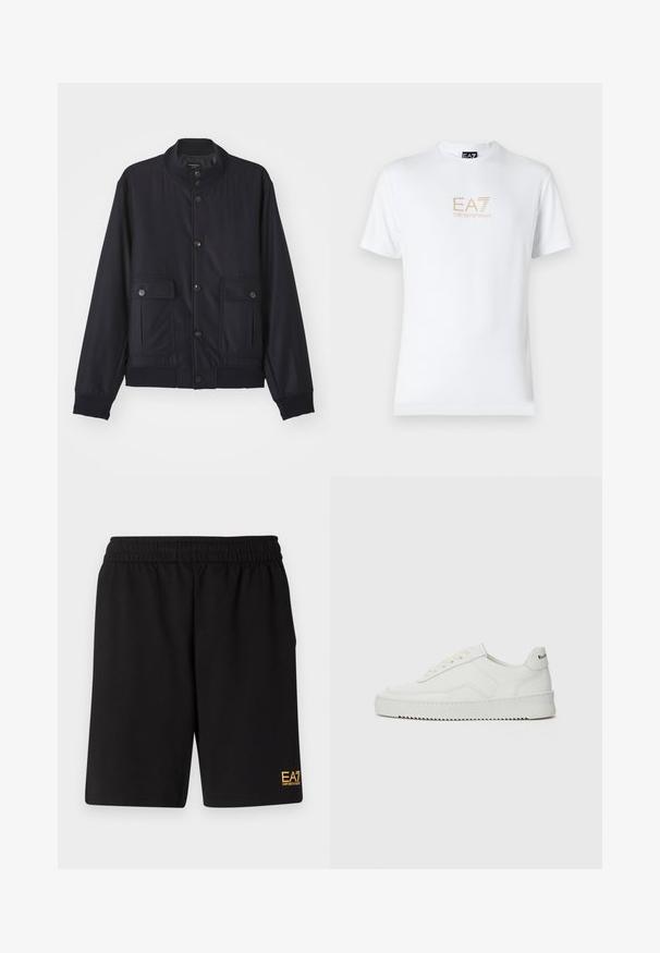 Námořnická modrá bunda vyrobená z měkkého materiálu, s vysokým límcem, předním zapínáním na knoflíky, dvěma náprsními kapsami a ribbovanými lemy a manžetami.; Bílé bavlněné tričko s kulatým výstřihem a krátkým rukávem, na přední straně s potiskem zlatého loga EA7 Emporio Armani.; Černé sportovní šortky vyrobené z měkké látky, s elastickým pasem a malým žlutým logem EA7 na dolní části levé nohy.; Bílé kožené tenisky s hladkým povrchem, kulatou špičkou, plochými tkaničkami a texturovanou podrážkou. Na patě se nachází nenápadné logo.
