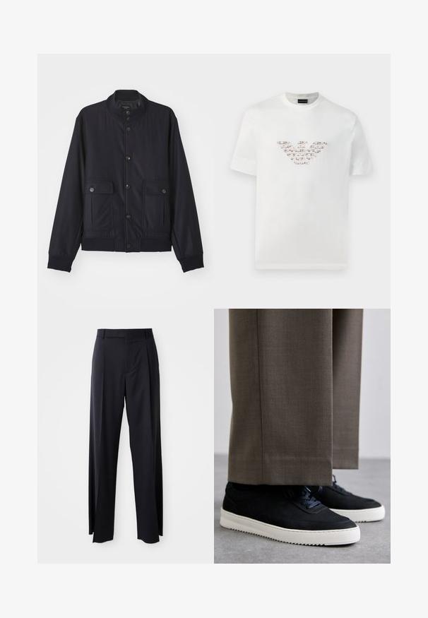 Μπλε ναυτικού σακάκι από μαλακό ύφασμα, με ψηλό γιακά, μπροστινή κλείσιμο με κουμπιά, δύο τσέπες στο στήθος και ριμπ στο κάτω μέρος και τα μανίκια.; Λευκό βαμβακερό t-shirt με κοντά μανίκια και στρογγυλή λαιμόκοψη. Περιλαμβάνει ένα κεντρικό λογότυπο σε ροζ και καφέ αποχρώσεις.; Μαύρο παντελόνι ψηλόμεσο με φαρδιά γραμμή, κατασκευασμένο από απαλό ύφασμα. Διαθέτει πιέτες εμπρός και θηλιές ζώνης. Μινιμαλιστικός σχεδιασμός, χωρίς ορατά αξεσουάρ.; Μαύρα σουέντ αθλητικά παπούτσια με λευκές καουτσούκ σόλες, με στρογγυλή μύτη και κορδόνια, φορεμένα με γκρι προσαρμοσμένα παντελόνια.